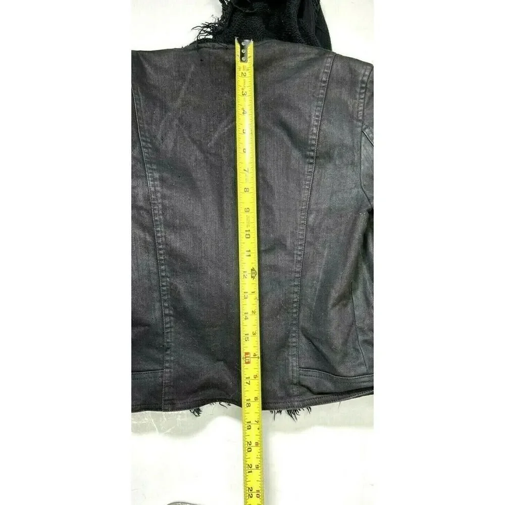 Free People‎ Black Moto Jacket Coat Size 2 Front Drape Coated Denim Jean